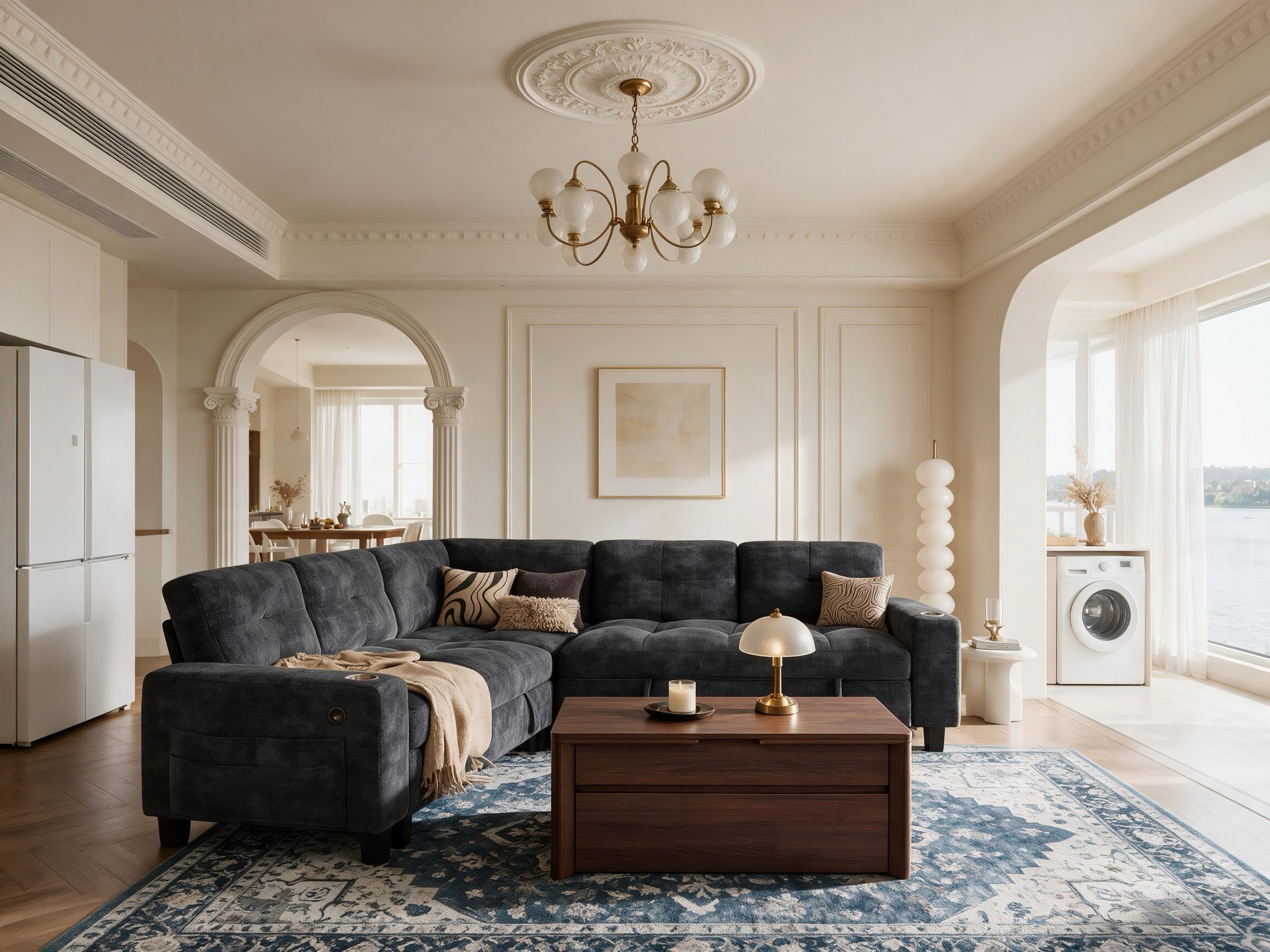 L-shaped modular chenille sectional sofa in a bright living room